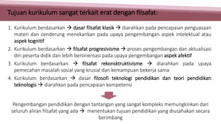 1. Kurikulum berdasarkan  dasar filsafat klasik  diarahkan pada pencapaian penguasaan
materi dan cenderung menekankan pada upaya pengembangan aspek intelektual atau
aspek kognitif
2. Kurikulum berdasarkan  filsafat progresivisme  proses pengembangan dan aktualisasi
diri peserta didik dan lebih berorientasi pada upaya pengembangan aspek afektif
3. Kurikulum berdasarkan  filsafat rekonsktruktivisme  diarahkan pada upaya
pemecahan masalah sosial yang krusial dan kemampuan bekerja sama
4. Kurikulum berdasarkan  dasar filosofi teknologi pendidikan dan teori pendidikan
teknologis  diarahkan pada pencapaian kompetensi
Pengembangan pendidikan dengan tantangan yang sangat kompleks memungkinkan dari
seluruh aliran filsafat yang ada  menentukan tujuan pendidikan yang diusahakan secara
berimbang
Tujuan kurikulum sangat terkait erat dengan filsafat:
 