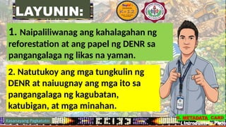 2. Natutukoy ang mga tungkulin ng
DENR at naiuugnay ang mga ito sa
pangangalaga ng kagubatan,
katubigan, at mga minahan.
LAYUNIN:
1. Naipaliliwanag ang kahalagahan ng
reforestation at ang papel ng DENR sa
pangangalaga ng likas na yaman.
Kasanayang Pagkatuto:
II. METADATA CARD
( Introductory Part)
 