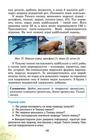 50
ких рачків, дрібних молюсків, а іноді й мальків риб –
через широко відкритий рот. Плавають вони повільно.
У водах Тихого океану мешкають морські ссавці –
дельфіни, тюлені, моржі, котики (мал. 37). Тут плава-
ють кити, серед яких найбільший  – синій кит. Його
довжина сягає 33 м, а маса може перевищувати 150 т.
Трапляються кити-кашалоти. Вони переміщаються
зграями. На чолі кожної зграї найбільший самець.
21 3
Мал. 37. Морські ссавці: дельфіни (1), морж (2), котик (3)
У Тихому океані виловлюють найбільше у світі риби,
а також інші морепродукти – кальмари, креветки, кра-
би, устриці. На спеціальних морських фермах вирощу-
ють морські водорості. Їх використовують для вироб­
ництва ліків, як корм для домашніх тварин та сировину
для одержання газу й інших видів пального. З бурих і
червоних водоростей одержують добрива.
Словничок: дрібні рослинні й тваринні організми,
активно плаваючі організми, донні організми, Тихий
океан.
Перевір себе
1.	Які умови впливають на живу природу океанів?
2.	Які рослини є в Тихому океані?
3.	Які тварини мешкають у Тихому океані?
4.	Яке господарське значення природи Тихого океану?
● Використовуючи різні джерела інформації, підготуй пові­
домлення про тварину, яка мешкає у водах Тихого океану. Пре­
зентуй повідомлення в класі.
 