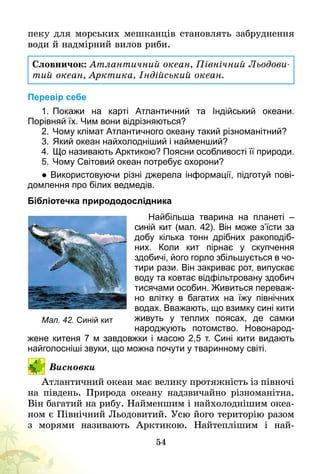 54
пеку для морських мешканців становлять забруднення
води й надмірний вилов риби.
Перевір себе
1.	Покажи на карті Атлантичний та Індійський океани.
Порівняй їх. Чим вони відрізняються?
2.	Чому клімат Атлантичного океану такий різноманітний?
3.	Який океан найхолодніший і найменший?
4.	Що називають Арктикою? Поясни особливості її природи.
5.	Чому Світовий океан потребує охорони?
● Використовуючи різні джерела інформації, підготуй пові­
домлення про білих ведмедів.
Бібліотечка природодослідника
Найбільша тварина на планеті  –
синій кит (мал. 42). Він може з’їсти за
добу кілька тонн дрібних ракоподіб­
них. Коли кит пірнає у скупчення
здобичі, його горло збільшується в чо­
тири рази. Він закриває рот, випускає
воду та ковтає відфільтровану здобич
тисячами особин. Живиться переваж­
но влітку в багатих на їжу північних
водах. Вважають, що взимку сині кити
живуть у теплих поясах, де самки
народжують потомство. Новонарод­
жене китеня 7 м завдовжки і масою 2,5 т. Сині кити видають
най­голосніші звуки, що можна почути у тваринному світі.
Висновки
Атлантичний океан має велику протяжність із півночі
на південь. Природа океану надзвичайно різноманітна.
Він багатий на рибу. Найменшим і найхолоднішим океа-
ном є Північний Льодовитий. Усю його територію разом
з морями називають Арктикою. Найтеплішим і най­
Словничок: Атлантичний океан, Північний Льодови­
тий океан, Арктика, Індійський океан.
Мал. 42. Синій кит
 