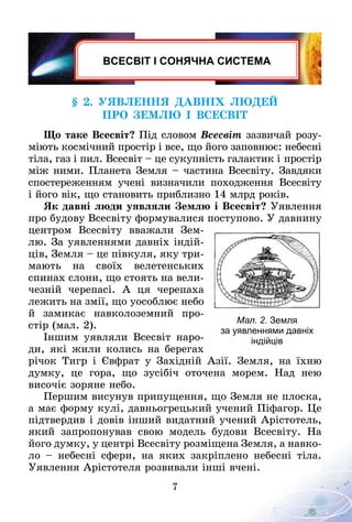 7
ВСЕСВІТ І СОНЯЧНА СИСТЕМА
§ 2. Уявлення ДАВНІХ людей
про Землю і Всесвіт
Що таке Всесвіт? Під словом Всесвіт зазвичай розу-
міють космічний простір і все, що його заповнює: небесні
тіла, газ і пил. Всесвіт – це сукупність галактик і простір
між ними. Планета Земля – частина Всесвіту. Завдяки
спостереженням учені визначили походження Всесвіту
і його вік, що становить приблизно 14 млрд років.
Як давні люди уявляли Землю і Всесвіт? Уявлення
про будову Всесвіту формувалися поступово. У давнину
центром Всесвіту вважали Зем-
лю. За уявленнями давніх індій-
ців, Земля – це півкуля, яку три-
мають на своїх велетенських
спинах слони, що стоять на вели-
чезній черепасі. А  ця черепаха
лежить на змії, що уособлює небо
й замикає навколоземний про-
стір (мал. 2).
Іншим уявляли Всесвіт наро-
ди, які жили колись на берегах
річок Тигр і Євфрат у Західній Азії. Земля, на їхню
думку, це гора, що зусібіч оточена морем. Над нею
височіє зоряне небо.
Першим висунув припущення, що Земля не плоска,
а має форму кулі, давньогрецький учений Піфагор. Це
підтвердив і довів інший видатний учений Арістотель,
який запропонував свою модель будови Всесвіту. На
його думку, у центрі Всесвіту розміщена Земля, а навко-
ло  – небесні сфери, на яких закріплено небесні тіла.
Уявлення Арістотеля розвивали інші вчені.
Мал. 2. Земля
за уявленнями давніх
індійців
 