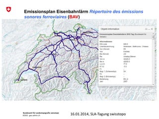 Bundesamt für Landestopografie swisstopo
KOGIS : geo.admin.ch
Emissionsplan Eisenbahnlärm Répertoire des émissions
sonores ferroviaires (BAV)
16.01.2014, SLA-Tagung swisstopo
 