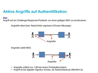 Angreifer lässt best. Nachrichten signieren (Chosen-Message)
Angreifer wählt MAC
• Angreifer erfährt nur 1 Bit bei einem Protokolldurchlauf.
• Angriff ist bei digitaler Signatur sinnlos, da Testschlüssel pk öffentlich ist.
Angreifer
Angreifer
Aktive Angriffe auf Authentifikation
Ziel:
Angriff auf ein Challenge-Response-Protokoll, um einen gültigen MAC zu konstruieren.
 