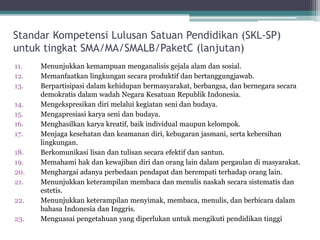 StandarKompetensiLulusanSatuanPendidikan(SKL-SP) untuktingkatSMA/MA/SMALB/PaketC(lanjutan) 
11.Menunjukkankemampuanmenganalisisgejalaalamdansosial. 
12.Memanfaatkanlingkungansecaraproduktifdanbertanggungjawab. 
13.Berpartisipasidalamkehidupanbermasyarakat, berbangsa, danbernegarasecarademokratisdalamwadahNegara KesatuanRepublikIndonesia. 
14.Mengekspresikandirimelaluikegiatansenidanbudaya. 
15.Mengapresiasikaryasenidanbudaya. 
16.Menghasilkankaryakreatif, baikindividual maupunkelompok. 
17.Menjagakesehatandankeamanandiri, kebugaranjasmani, sertakebersihanlingkungan. 
18.Berkomunikasilisandantulisansecaraefektifdansantun. 
19.Memahamihakdankewajibandiridanoranglain dalampergaulandimasyarakat. 
20.Menghargaiadanyaperbedaanpendapatdanberempatiterhadaporanglain. 
21.Menunjukkanketerampilanmembacadanmenulisnaskahsecarasistematisdanestetis. 
22.Menunjukkanketerampilanmenyimak, membaca, menulis, danberbicaradalambahasaIndonesia danInggris. 
23.Menguasaipengetahuanyang diperlukanuntukmengikutipendidikantinggi  
