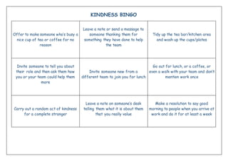 KINDNESS BINGO
Offer to make someone who’s busy a
nice cup of tea or coffee for no
reason
Leave a note or send a message to
someone thanking them for
something they have done to help
the team
Tidy up the tea bar/kitchen area
and wash up the cups/plates
Invite someone to tell you about
their role and then ask them how
you or your team could help them
more
Invite someone new from a
different team to join you for lunch
Go out for lunch, or a coffee, or
even a walk with your team and don’t
mention work once
Carry out a random act of kindness
for a complete stranger
Leave a note on someone’s desk
telling them what it is about them
that you really value
Make a resolution to say good
morning to people when you arrive at
work and do it for at least a week
 
