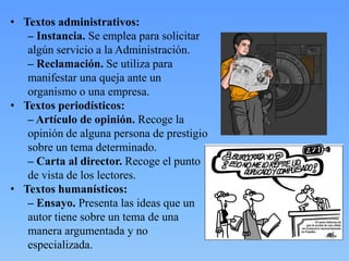 • Textos administrativos:
– Instancia. Se emplea para solicitar
algún servicio a la Administración.
– Reclamación. Se utiliza para
manifestar una queja ante un
organismo o una empresa.
• Textos periodísticos:
– Artículo de opinión. Recoge la
opinión de alguna persona de prestigio
sobre un tema determinado.
– Carta al director. Recoge el punto
de vista de los lectores.
• Textos humanísticos:
– Ensayo. Presenta las ideas que un
autor tiene sobre un tema de una
manera argumentada y no
especializada.

 