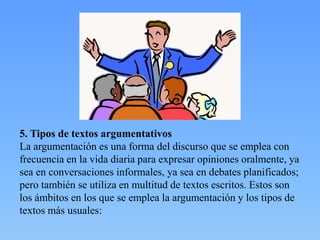 5. Tipos de textos argumentativos
La argumentación es una forma del discurso que se emplea con
frecuencia en la vida diaria para expresar opiniones oralmente, ya
sea en conversaciones informales, ya sea en debates planificados;
pero también se utiliza en multitud de textos escritos. Estos son
los ámbitos en los que se emplea la argumentación y los tipos de
textos más usuales:
 