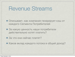 Revenue Streams
Описывает, как компания генерирует кэш от
каждого Сегмента Потребителей
За какую ценность наши потребители
действительно хотят платить?
За что они сейчас платят?
Каков вклад каждого потока в общий доход?
Friday, November 5, 2010
 