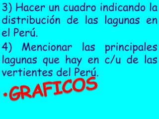 3) Hacer un cuadro indicando la distribución de las lagunas en el Perú. 
4) Mencionar las principales lagunas que hay en c/u de las vertientes del Perú. 