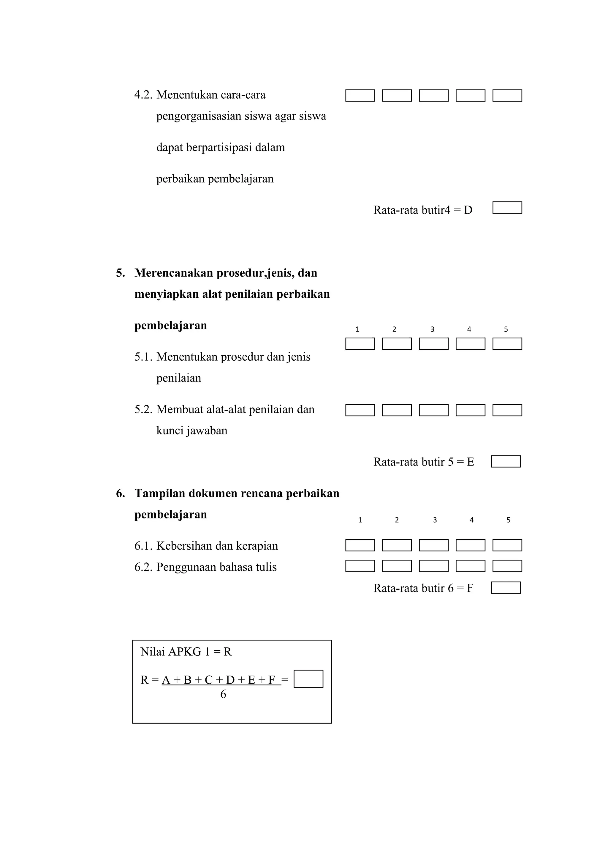 4.2. Menentukan cara-cara
pengorganisasian siswa agar siswa
dapat berpartisipasi dalam
perbaikan pembelajaran
Rata-rata butir4 = D
5. Merencanakan prosedur,jenis, dan
menyiapkan alat penilaian perbaikan
pembelajaran
5.1. Menentukan prosedur dan jenis
penilaian
5.2. Membuat alat-alat penilaian dan
kunci jawaban
Rata-rata butir 5 = E
6. Tampilan dokumen rencana perbaikan
pembelajaran
6.1. Kebersihan dan kerapian
6.2. Penggunaan bahasa tulis
Rata-rata butir 6 = F
Nilai APKG 1 = R
R = A + B + C + D + E + F =
6
1 2 3 4 5
1 2 3 4 5
 