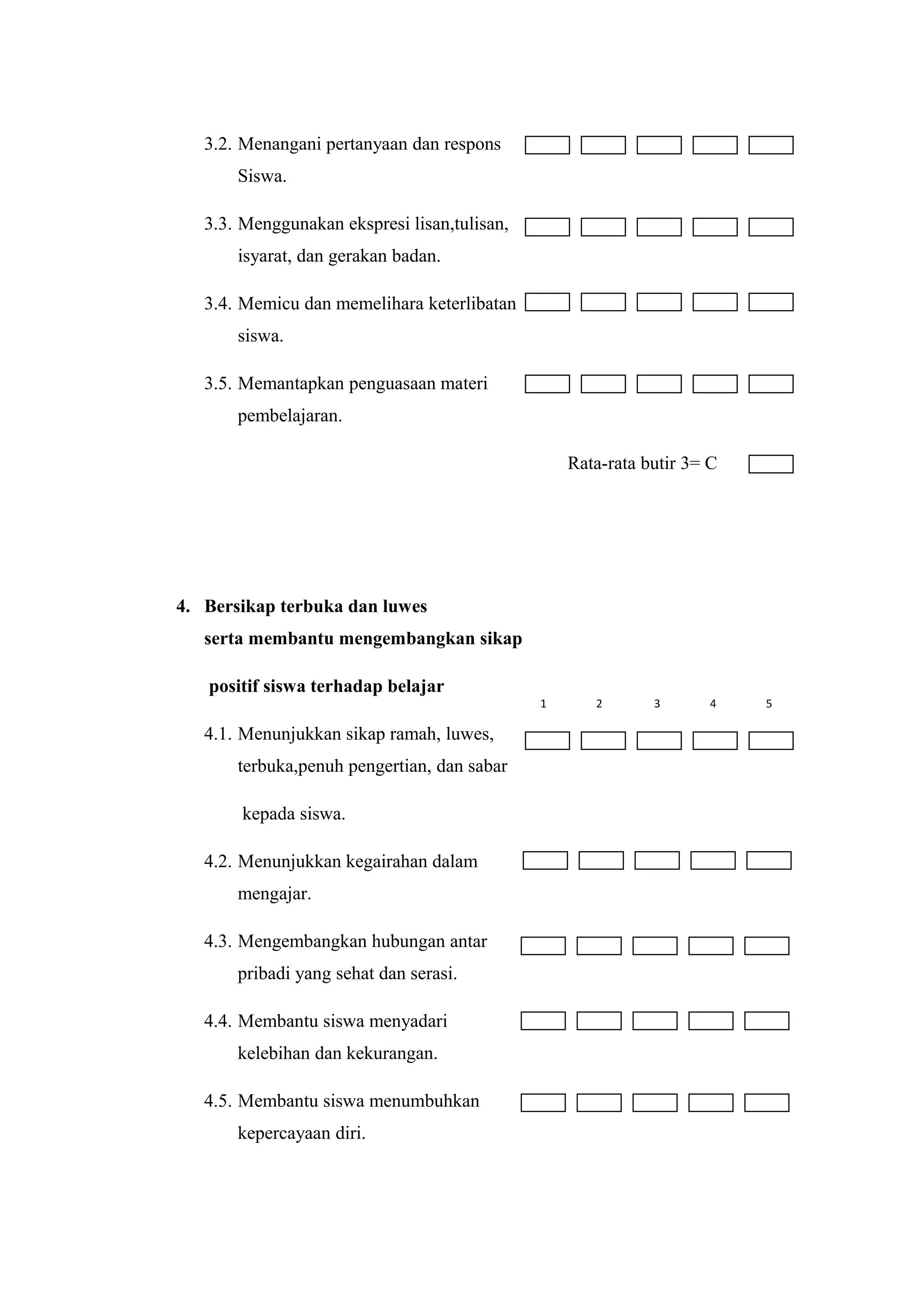3.2. Menangani pertanyaan dan respons
Siswa.
3.3. Menggunakan ekspresi lisan,tulisan,
isyarat, dan gerakan badan.
3.4. Memicu dan memelihara keterlibatan
siswa.
3.5. Memantapkan penguasaan materi
pembelajaran.
Rata-rata butir 3= C
4. Bersikap terbuka dan luwes
serta membantu mengembangkan sikap
positif siswa terhadap belajar
4.1. Menunjukkan sikap ramah, luwes,
terbuka,penuh pengertian, dan sabar
kepada siswa.
4.2. Menunjukkan kegairahan dalam
mengajar.
4.3. Mengembangkan hubungan antar
pribadi yang sehat dan serasi.
4.4. Membantu siswa menyadari
kelebihan dan kekurangan.
4.5. Membantu siswa menumbuhkan
kepercayaan diri.
1 2 3 4 5
 