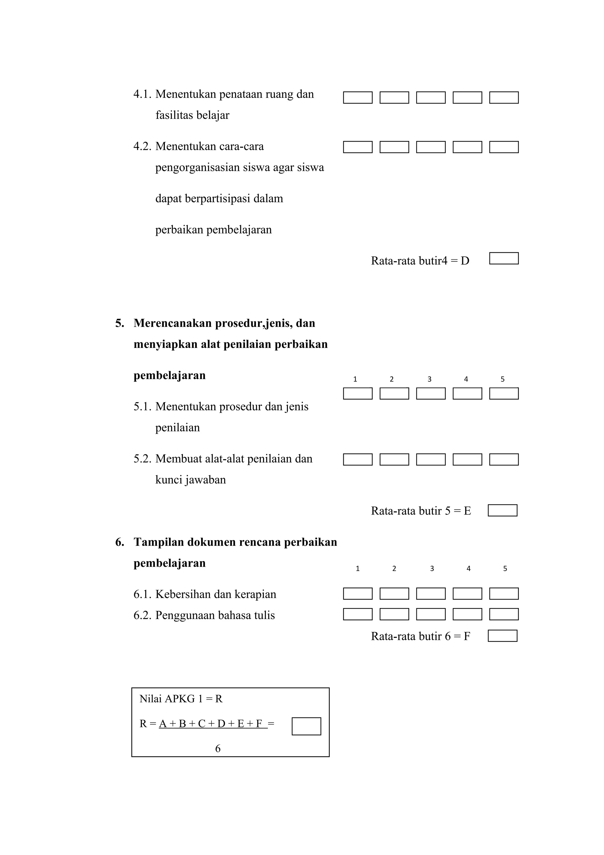 4.1. Menentukan penataan ruang dan
fasilitas belajar
4.2. Menentukan cara-cara
pengorganisasian siswa agar siswa
dapat berpartisipasi dalam
perbaikan pembelajaran
Rata-rata butir4 = D
5. Merencanakan prosedur,jenis, dan
menyiapkan alat penilaian perbaikan
pembelajaran
5.1. Menentukan prosedur dan jenis
penilaian
5.2. Membuat alat-alat penilaian dan
kunci jawaban
Rata-rata butir 5 = E
6. Tampilan dokumen rencana perbaikan
pembelajaran
6.1. Kebersihan dan kerapian
6.2. Penggunaan bahasa tulis
Rata-rata butir 6 = F
Nilai APKG 1 = R
R = A + B + C + D + E + F =
6
1 2 3 4 5
1 2 3 4 5
 