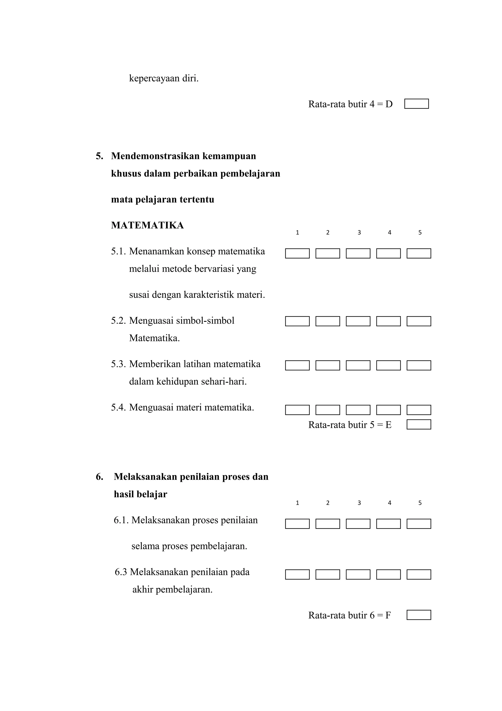 kepercayaan diri.
Rata-rata butir 4 = D
5. Mendemonstrasikan kemampuan
khusus dalam perbaikan pembelajaran
mata pelajaran tertentu
MATEMATIKA
5.1. Menanamkan konsep matematika
melalui metode bervariasi yang
susai dengan karakteristik materi.
5.2. Menguasai simbol-simbol
Matematika.
5.3. Memberikan latihan matematika
dalam kehidupan sehari-hari.
5.4. Menguasai materi matematika.
Rata-rata butir 5 = E
6. Melaksanakan penilaian proses dan
hasil belajar
6.1. Melaksanakan proses penilaian
selama proses pembelajaran.
6.3 Melaksanakan penilaian pada
akhir pembelajaran.
Rata-rata butir 6 = F
1 2 3 4 5
1 2 3 4 5
 