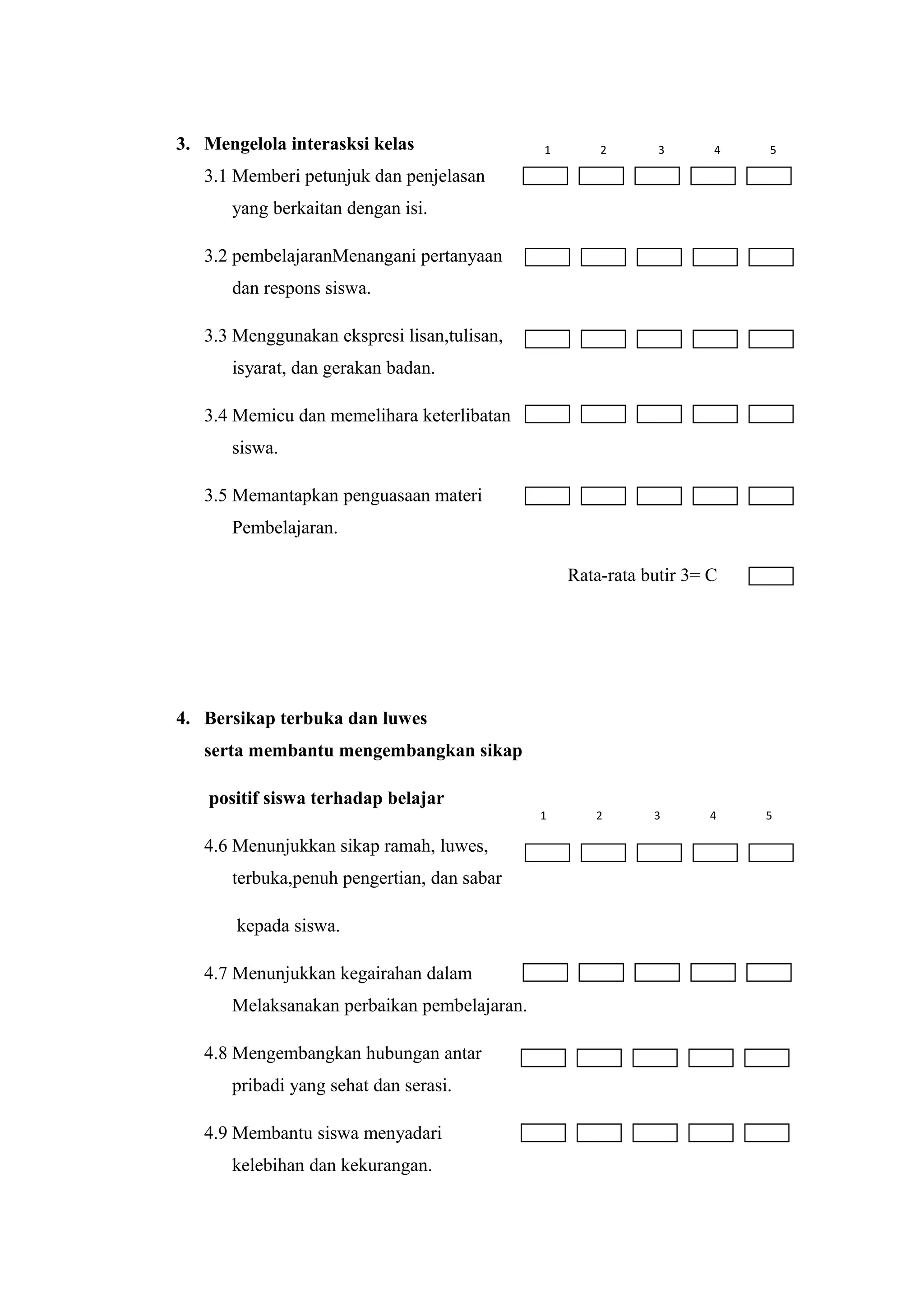 3. Mengelola interasksi kelas
3.1 Memberi petunjuk dan penjelasan
yang berkaitan dengan isi.
3.2 pembelajaranMenangani pertanyaan
dan respons siswa.
3.3 Menggunakan ekspresi lisan,tulisan,
isyarat, dan gerakan badan.
3.4 Memicu dan memelihara keterlibatan
siswa.
3.5 Memantapkan penguasaan materi
Pembelajaran.
Rata-rata butir 3= C
4. Bersikap terbuka dan luwes
serta membantu mengembangkan sikap
positif siswa terhadap belajar
4.6 Menunjukkan sikap ramah, luwes,
terbuka,penuh pengertian, dan sabar
kepada siswa.
4.7 Menunjukkan kegairahan dalam
Melaksanakan perbaikan pembelajaran.
4.8 Mengembangkan hubungan antar
pribadi yang sehat dan serasi.
4.9 Membantu siswa menyadari
kelebihan dan kekurangan.
1 2 3 4 5
1 2 3 4 5
 