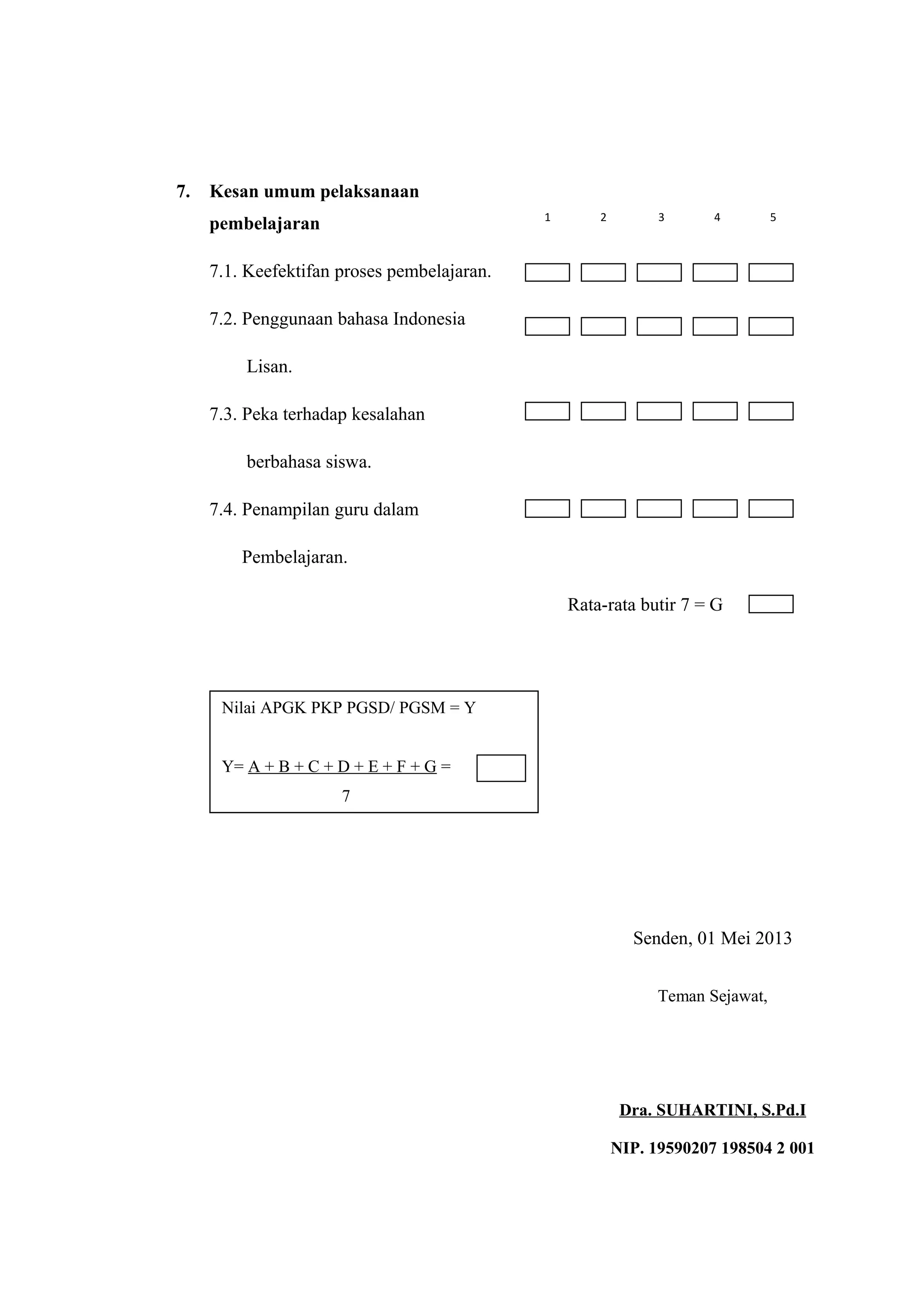 7. Kesan umum pelaksanaan
pembelajaran
7.1. Keefektifan proses pembelajaran.
7.2. Penggunaan bahasa Indonesia
Lisan.
7.3. Peka terhadap kesalahan
berbahasa siswa.
7.4. Penampilan guru dalam
Pembelajaran.
Rata-rata butir 7 = G
Senden, 01 Mei 2013
Nilai APGK PKP PGSD/ PGSM = Y
Y= A + B + C + D + E + F + G =
7
Teman Sejawat,
Dra. SUHARTINI, S.Pd.I
NIP. 19590207 198504 2 001
1 2 3 4 5
 