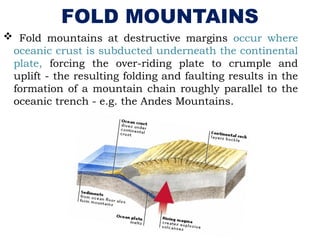  Fold mountains at destructive margins occur where
oceanic crust is subducted underneath the continental
plate, forcing the over-riding plate to crumple and
uplift - the resulting folding and faulting results in the
formation of a mountain chain roughly parallel to the
oceanic trench - e.g. the Andes Mountains.
FOLD MOUNTAINS
 