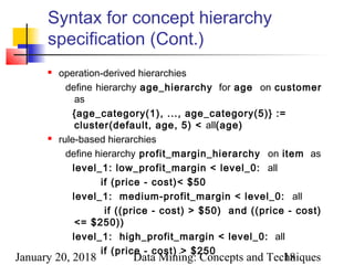 January 20, 2018 Data Mining: Concepts and Techniques18
Syntax for concept hierarchy
specification (Cont.)
 operation-derived hierarchies
define hierarchy age_hierarchy for age on customer
as
{age_category(1), ..., age_category(5)} :=
cluster(default, age, 5) < all(age)
 rule-based hierarchies
define hierarchy profit_margin_hierarchy on item as
level_1: low_profit_margin < level_0: all
if (price - cost)< $50
level_1: medium-profit_margin < level_0: all
if ((price - cost) > $50) and ((price - cost)
<= $250))
level_1: high_profit_margin < level_0: all
if (price - cost) > $250
 