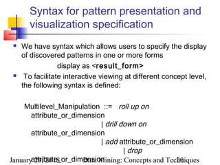 January 20, 2018 Data Mining: Concepts and Techniques20
Syntax for pattern presentation and
visualization specification
 We have syntax which allows users to specify the display
of discovered patterns in one or more forms
display as <result_form>
 To facilitate interactive viewing at different concept level,
the following syntax is defined:
Multilevel_Manipulation  ::=   roll up on
attribute_or_dimension
| drill down on
attribute_or_dimension
| add attribute_or_dimension
| drop
attribute_or_dimension
 