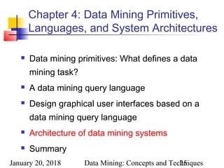 January 20, 2018 Data Mining: Concepts and Techniques25
Chapter 4: Data Mining Primitives,
Languages, and System Architectures
 Data mining primitives: What defines a data
mining task?
 A data mining query language
 Design graphical user interfaces based on a
data mining query language
 Architecture of data mining systems
 Summary
 
