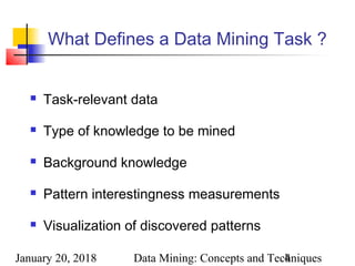 January 20, 2018 Data Mining: Concepts and Techniques4
What Defines a Data Mining Task ?
 Task-relevant data
 Type of knowledge to be mined
 Background knowledge
 Pattern interestingness measurements
 Visualization of discovered patterns
 