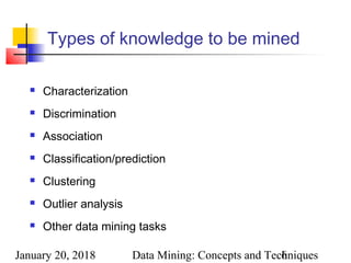 January 20, 2018 Data Mining: Concepts and Techniques6
Types of knowledge to be mined
 Characterization
 Discrimination
 Association
 Classification/prediction
 Clustering
 Outlier analysis
 Other data mining tasks
 