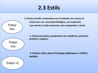2.3 Estils
1. Poesia senzilla i entenedora on el trobador ens mostra la
cançó com una necessitat biològica, una inspiració,
que només si estàs enamorat pots compondre i cantar.
2. Poesia hermètica, predominen les metàfores, perífrasis,
antítesis i enigmes.
3. Poesia culta, plena d’imatges plàstiques i artificis
verbals.
Trobar
lleu
Trobar
clus
Trobar ric
 