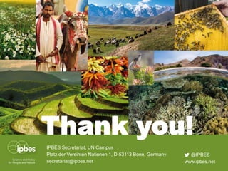 Thank you!
IPBES Secretariat, UN Campus
Platz der Vereinten Nationen 1, D-53113 Bonn, Germany
secretariat@ipbes.net www.ipbes.net
@IPBES
 