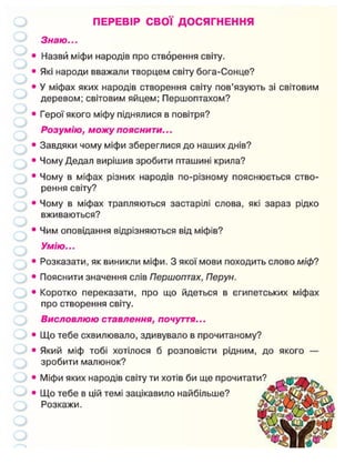 ПЕРЕВІР СВОЇ ДОСЯГНЕННЯ
Знаю...
Назви міфи народів про створення світу.
Які народи вважали творцем світу бога-Сонце?
У міфах яких народів створення світу пов'язують зі світовим
деревом; світовим яйцем; Першоптахом?
Герої якого міфу піднялися в повітря?
Розумію, можу пояснити...
Завдяки чому міфи збереглися до наших днів?
Чому Дедал вирішив зробити пташині крила?
Чому в міфах різних народів по-різному пояснюється ство-
рення світу?
Чому в міфах трапляються застарілі слова, які зараз рідко
вживаються?
Чим оповідання відрізняються від міфів?
Умію...
Розказати, як виникли міфи. З якої мови походить слово міф?
Пояснити значення слів Першоптах, Перун.
Коротко переказати, про що йдеться в єгипетських міфах
про створення світу.
Висловлюю ставлення, почуття...
Що тебе схвилювало, здивувало в прочитаному?
Який міф тобі хотілося б розповісти рідним, до якого —
зробити малюнок?
Міфи яких народів світу ти хотів би ще прочитати?
Що тебе в цій темі зацікавило найбільше?
Розкажи.
 