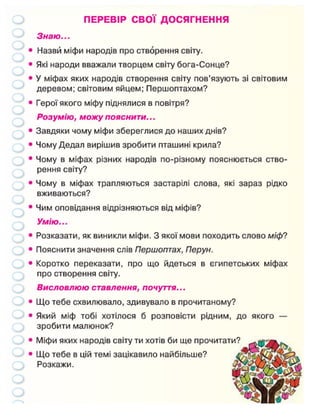 ПЕРЕВІР СВОЇ ДОСЯГНЕННЯ
Знаю...
Назви міфи народів про створення світу.
Які народи вважали творцем світу бога-Сонце?
У міфах яких народів створення світу пов'язують зі світовим
деревом; світовим яйцем; Першоптахом?
Герої якого міфу піднялися в повітря?
Розумію, можу пояснити...
Завдяки чому міфи збереглися до наших днів?
Чому Дедал вирішив зробити пташині крила?
Чому в міфах різних народів по-різному пояснюється ство-
рення світу?
Чому в міфах трапляються застарілі слова, які зараз рідко
вживаються?
Чим оповідання відрізняються від міфів?
Умію...
Розказати, як виникли міфи. З якої мови походить слово міф?
Пояснити значення слів Першоптах, Перун.
Коротко переказати, про що йдеться в єгипетських міфах
про створення світу.
Висловлюю ставлення, почуття...
Що тебе схвилювало, здивувало в прочитаному?
Який міф тобі хотілося б розповісти рідним, до якого —
зробити малюнок?
Міфи яких народів світу ти хотів би ще прочитати?
Що тебе в цій темі зацікавило найбільше?
Розкажи.
 
