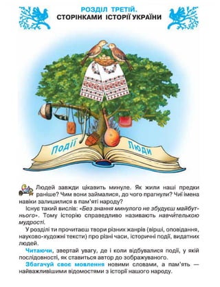 Людей завжди цікавить минуле. Як жили наші предки
раніше? Чим вони займалися, до чого прагнули? Чиї імена
навіки залишилися в пам'яті народу?
Існує такий вислів: «Без знання минулого не збудуєш майбут-
нього». Тому історію справедливо називають навчйтелькою
мудрості.
У розділі ти прочитаєш твори різних жанрів (вірші, оповідання,
науково-художні тексти) про різні часи, історичні події, видатних
людей.
Читаючи, звертай увагу, де і коли відбувалися події, у якій
послідовності, як ставиться автор до зображуваного.
Збагачуй своє мовлення новими словами, а пам'ять —
найважливішими відомостями з історії нашого народу.
 