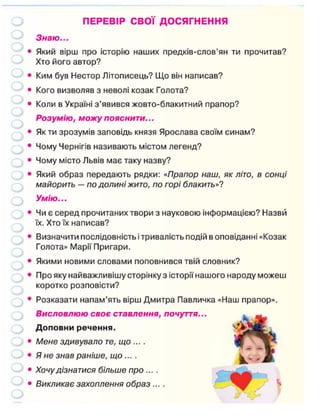ПЕРЕВІР СВОЇ ДОСЯГНЕННЯ
Знаю...
Який вірш про історію наших предків-слов'ян ти прочитав?
Хто його автор?
Ким був Нестор Літописець? Що він написав?
Кого визволяв з неволі козак Голота?
Коли в Україні з'явився жовто-блакитний прапор?
Розумію, можу пояснити...
Як ти зрозумів заповідь князя Ярослава своїм синам?
Чому Чернігів називають містом легенд?
Чому місто Львів має таку назву?
Який образ передають рядки: «Прапор наш, як літо, в сонці
майорить — по долині жито, по горі блакить»?
Умію...
Чи є серед прочитаних твори з науковою інформацією? Назви
їх. Хто їх написав?
Визначити послідовність і тривалість подій в оповіданні «Козак
Голота» Мари Пригари.
Якими новими словами поповнився твій словник?
Про яку найважливішу сторінку з історії нашого народу можеш
коротко розповісти?
Розказати напам'ять вірш Дмитра Павличка «Наш прапор».
Висловлюю своє ставлення, почуття...
Доповни речення.
Мене здивувало те, що ....
Я не знав раніше, що... .
Хочу дізнатися більше про ... .
Викликає захоплення образ....
 