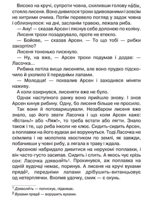 Високо на кручі, супроти човна, схиливши голову набік,
стояло лисеня. Воно дивилося трохи здивованими і зовсім
не хитрими очима. Потім перевело погляд у задок човна
і облизнулося: на дні, засланім травою, лежала риба.
— Ану! — сказав Арсен і ляснув себе долонею по коліну.
Лисеня трохи позадкувало, проте не втекло.
— Бойове, — сказав Арсен. — То що тобі — рибки
закортіло?
Лисеня тоненько пискнуло.
— Ну, на вже, — Арсен трохи подумав і додав: —
Ласочка...
Рибина летіла вище лисеняти, але воно прудко підско-
чило й ухопило її передніми лапами.
— Молодця! — похвалив Арсен і заходився міняти
наживу.
А коли озирнувся, лисеняти вже не було.
Однак наступного ранку воно прийшло знову. І знов
Арсен кинув рибину. Одну, бо лисеня більше не просило.
Так вони й потоваришували. Незабаром лисеня вже
знало, що його звати Ласочка і що коли Арсен каже:
«Встань!» або «Ляж!», то треба встати або лягти. Знало
також і те, що риба інколи не клює. Сидить-сидить Арсен,
а поплавки на його вудках ані ворухнуться. Тоді Ласочка не
скімлила і не молотила хвостиком по землі, як завжди,
побачивши у човні рибу, а лягала в траву і ждала.
Арсенові набридало дивитися на нерухомі поплавки, і
він часто-густо засипав. Сидить і спить. А якось чує крізь
сон: Ласочка дзяволйтьі. Прокинувся, аж поплавка на
одній вудочці немає, поринув. А лисеня на кручі вухами
пряде2
, передніми лапами дрібушить-витанцьовує
од нетерплячки. Вхопив удочку, смик — є окунь.
1
Дзяволить — попискує, підвиває.
2
Вухами пряде — ворушить вухами.
 