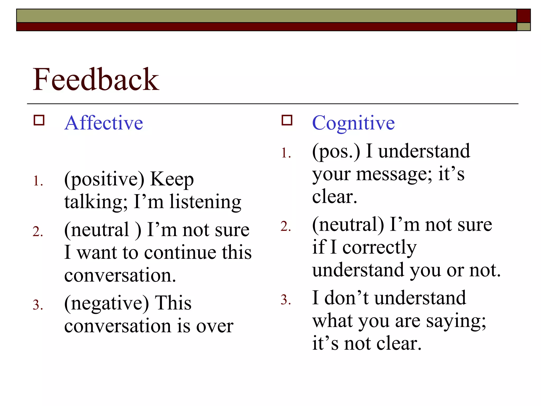 Feedback
 Affective
1. (positive) Keep
talking; I’m listening
2. (neutral ) I’m not sure
I want to continue this
conversation.
3. (negative) This
conversation is over
 Cognitive
1. (pos.) I understand
your message; it’s
clear.
2. (neutral) I’m not sure
if I correctly
understand you or not.
3. I don’t understand
what you are saying;
it’s not clear.
 