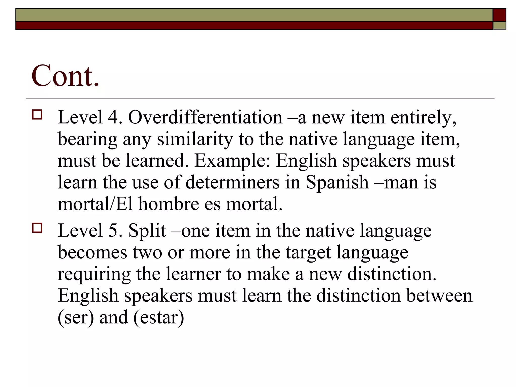 Cont.
 Level 4. Overdifferentiation –a new item entirely,
bearing any similarity to the native language item,
must be learned. Example: English speakers must
learn the use of determiners in Spanish –man is
mortal/El hombre es mortal.
 Level 5. Split –one item in the native language
becomes two or more in the target language
requiring the learner to make a new distinction.
English speakers must learn the distinction between
(ser) and (estar)
 