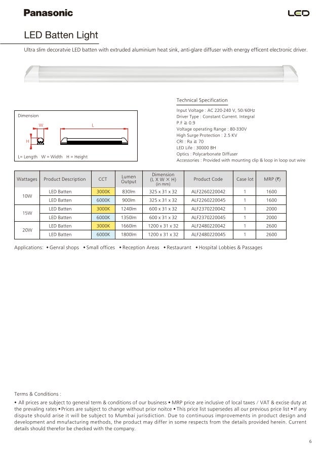 panasonic catalogue pricelist of led luminaires