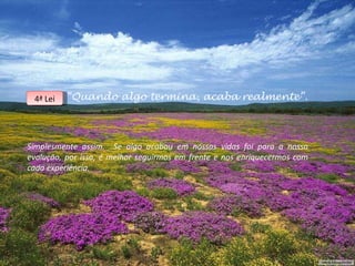 “ Quando algo termina, acaba realmente”. Simplesmente assim.  Se algo acabou em nossas vidas foi para a nossa evolução, por isso, é melhor seguirmos em frente e nos enriquecermos com cada experiência. 4ª Lei 