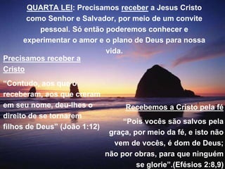 QUARTA LEI: Precisamos receber a Jesus Cristo
como Senhor e Salvador, por meio de um convite
pessoal. Só então poderemos conhecer e
experimentar o amor e o plano de Deus para nossa
vida.
Precisamos receber a
Cristo
“Contudo, aos que o
receberam, aos que creram
em seu nome, deu-lhes o
direito de se tornarem
filhos de Deus” (João 1:12)
Recebemos a Cristo pela fé
“Pois vocês são salvos pela
graça, por meio da fé, e isto não
vem de vocês, é dom de Deus;
não por obras, para que ninguém
se glorie”.(Efésios 2:8,9)
 