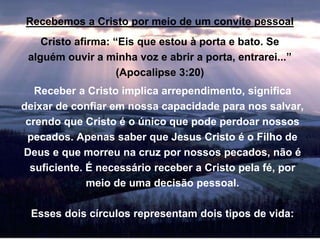 Recebemos a Cristo por meio de um convite pessoal
Cristo afirma: “Eis que estou à porta e bato. Se
alguém ouvir a minha voz e abrir a porta, entrarei...”
(Apocalipse 3:20)
Receber a Cristo implica arrependimento, significa
deixar de confiar em nossa capacidade para nos salvar,
crendo que Cristo é o único que pode perdoar nossos
pecados. Apenas saber que Jesus Cristo é o Filho de
Deus e que morreu na cruz por nossos pecados, não é
suficiente. É necessário receber a Cristo pela fé, por
meio de uma decisão pessoal.
Esses dois círculos representam dois tipos de vida:
 
