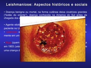 Leishmaniose: Aspectos históricos e sociais
• Doença benigna ou mortal, na forma cutânea deixa cicatrizes grandes
(“botão do oriente”), doença conhecida na America do Sul antes da
chegada dos espanhóis
• Agente etiológico descrito primeiramente por Borovsky em 1898 em um
paciente no Usbequistão
• Leishman e Donovan (1903) descreveram o parasita independentemente em um caso de calazar da Índia
• Ross (quem descreveu o cíclo de vida do plasmódio) batizou o parasita
em 1903 Leishmania donovani, e Wright denominou um parasita vindo de
uma criança da Armênia (forma cutânea) Leishmania tropica

 