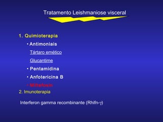 Tratamento Leishmaniose visceral

1. Quimioterapia
• Antimoniais
Tártaro emético
Glucantime
• Pentamidina
• Anfotericina B
• Miltefosin
2. Imunoterapia
Interferon gamma recombinante (Rhifn-γ)

 