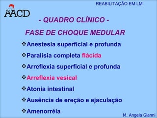 - QUADRO CLÍNICO - FASE DE CHOQUE MEDULAR Anestesia superficial e profunda Paralisia completa  flácida Arreflexia superficial e profunda Arreflexia vesical Atonia intestinal Ausência de ereção e ejaculação Amenorréia 