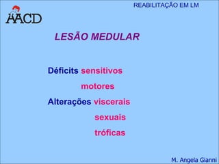 LESÃO MEDULAR Déficits  sensitivos   motores   Alterações  viscerais sexuais   tróficas 