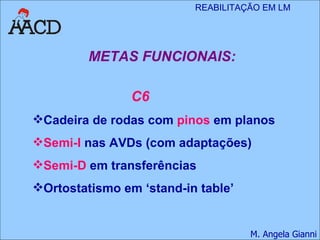 METAS FUNCIONAIS: C6 Cadeira de rodas com  pinos  em planos Semi-I  nas AVDs (com adaptações) Semi-D  em transferências Ortostatismo em ‘stand-in table’ 