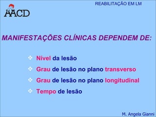 Nível  da lesão Grau  de lesão no plano  transverso Grau  de lesão no plano  longitudinal Tempo  de lesão MANIFESTAÇÕES CLÍNICAS DEPENDEM DE: 