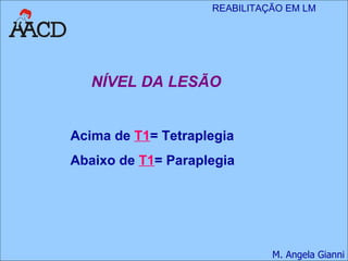 NÍVEL DA LESÃO Acima de  T1 = Tetraplegia Abaixo de  T1 = Paraplegia 