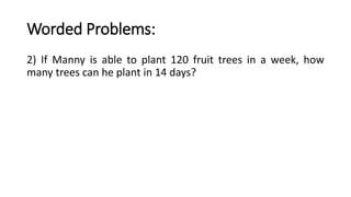 Worded Problems:
2) If Manny is able to plant 120 fruit trees in a week, how
many trees can he plant in 14 days?
 