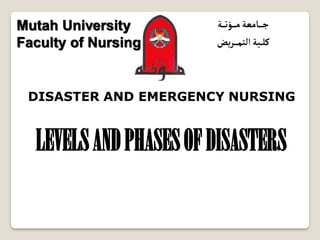 1
‫ج‬
‫ـ‬‫ـ‬‫ـ‬‫ـ‬
‫م‬‫امعة‬
‫ـ‬‫ـ‬‫ـ‬‫ـ‬
‫ؤت‬
‫ـ‬‫ـ‬‫ـ‬
‫ة‬
‫كل‬
‫ـ‬‫ـ‬
‫التم‬‫ية‬
‫ـ‬‫ـ‬‫ـ‬‫ـ‬
‫ريض‬
DISASTER AND EMERGENCY NURSING
Mutah University
Faculty of Nursing
LEVELSANDPHASESOFDISASTERS
 