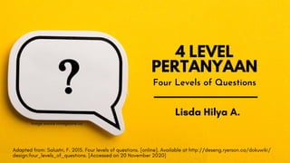 4 LEVEL
PERTANYAAN
Adapted from: Salustri, F. 2015. Four levels of questions. [online]. Available at http://deseng.ryerson.ca/dokuwiki/
design:four_levels_of_questions. [Accessed on 20 November 2020]
Four Levels of Questions
Image source inmagazine.ca
Lisda Hilya A.
 