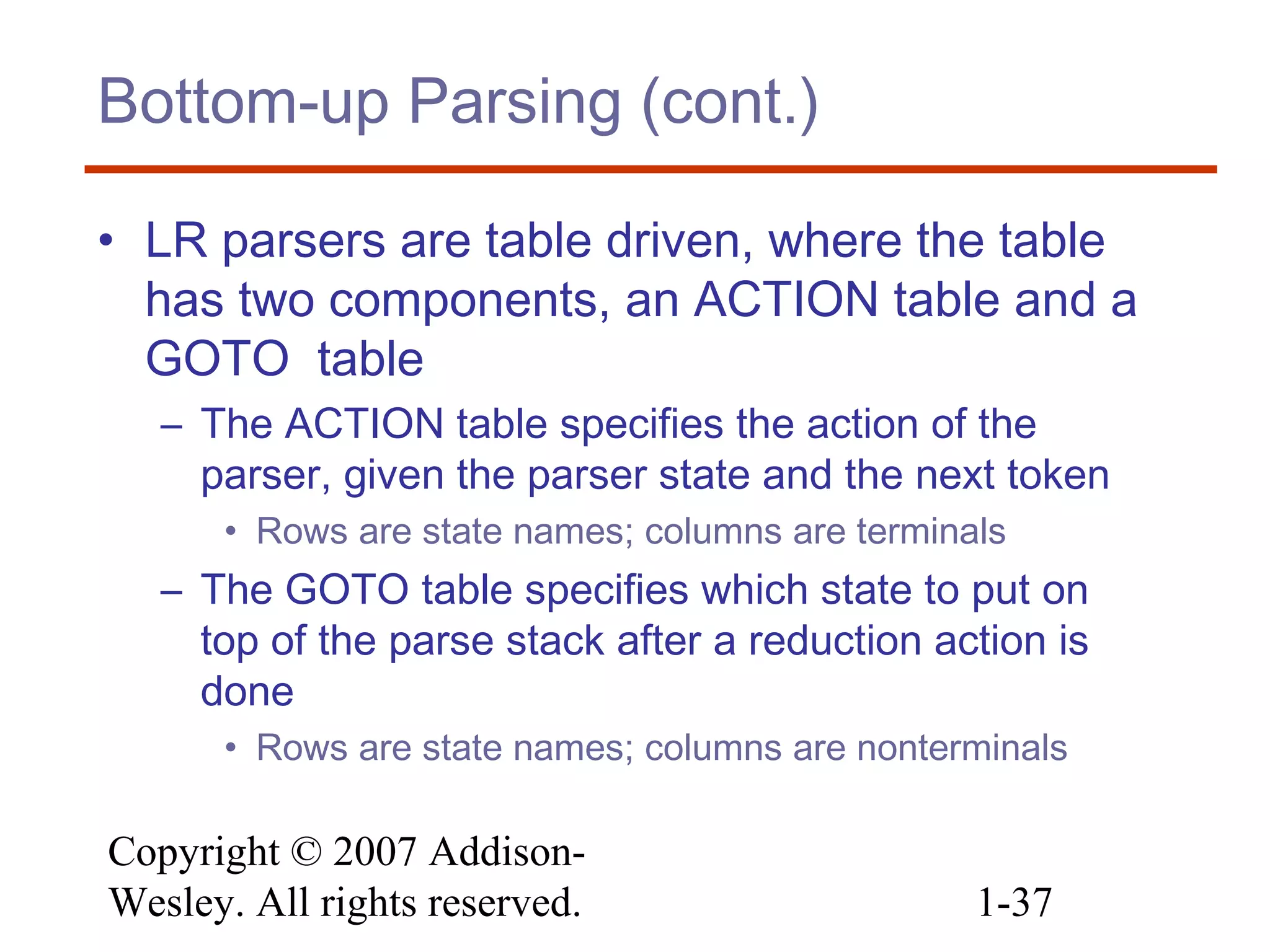 Copyright © 2007 Addison-
Wesley. All rights reserved. 1-37
Bottom-up Parsing (cont.)
• LR parsers are table driven, where the table
has two components, an ACTION table and a
GOTO table
– The ACTION table specifies the action of the
parser, given the parser state and the next token
• Rows are state names; columns are terminals
– The GOTO table specifies which state to put on
top of the parse stack after a reduction action is
done
• Rows are state names; columns are nonterminals
 