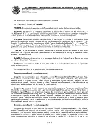LEY GENERAL PARA LA ATENCIÓN Y PROTECCIÓN A PERSONAS CON LA CONDICIÓN DEL ESPECTRO AUTISTA
CÁMARA DE DIPUTADOS DEL H. CONGRESO DE LA UNIÓN
Secretaría General
Secretaría de Servicios Parlamentarios
Nueva Ley DOF 30-04-2015
12 de 14
(IV) La fracción VIII del artículo 17 se invalida en su totalidad.
Por lo expuesto y fundado, se resuelve:
PRIMERO. Es procedente y parcialmente fundada la presente acción de inconstitucionalidad.
SEGUNDO. Se reconoce la validez de los artículos 3, fracción IX, 6, fracción VII, 10, fracción XIX, y
16, fracción IV, de la Ley General para la Atención y Protección a Personas con la Condición del Espectro
Autista, publicada en el Diario Oficial de la Federación el treinta de abril de dos mil quince.
TERCERO. Se declara la invalidez de los artículos 3, fracción III, 10, fracción VI –únicamente en la
porción normativa que señala: “al igual que de los certificados de habilitación de su condición”-, 16,
fracción VI –sólo en la porción normativa que señala: “los certificados de habilitación”-, y 17, fracción VIII,
de la Ley General para la Atención y Protección a Personas con la Condición del Espectro Autista,
publicada en el Diario Oficial de la Federación el treinta de abril de dos mil quince.
CUARTO. Las declaraciones de invalidez decretadas en este fallo surtirán sus efectos a partir de la
notificación de los puntos resolutivos de esta sentencia al Congreso de la Unión y al Presidente de los
Estados Unidos Mexicanos.
QUINTO. Publíquese esta sentencia en el Semanario Judicial de la Federación y su Gaceta, así como
en el Diario Oficial de la Federación.
Notifíquese; haciéndolo por medio de oficio a las partes y, en su oportunidad, archívese el expediente
como asunto concluido.
Así lo resolvió el Pleno de la Suprema Corte de Justicia de la Nación:
En relación con el punto resolutivo primero:
Se aprobó por unanimidad de once votos de los señores Ministros Gutiérrez Ortiz Mena, Cossío Díaz,
Luna Ramos, Franco González Salas, Zaldívar Lelo de Larrea, Pardo Rebolledo, Piña Hernández,
Medina Mora I., Laynez Potisek, Pérez Dayán y Presidente Aguilar Morales, respecto de los
considerandos primero, segundo, tercero y cuarto, relativos, respectivamente, a la competencia, la
oportunidad, a la legitimación y a las causas de improcedencia.
Se aprobó por mayoría de seis votos de los señores Ministros Luna Ramos con precisiones, Piña
Hernández con precisiones, Medina Mora I. por consideraciones distintas, Laynez Potisek, Pérez Dayán y
Presidente Aguilar Morales con precisiones, respecto del considerando quinto, relativo al marco general
de la condición de espectro autista y de la Ley General para la Atención y Protección a Personas con la
Condición de Espectro Autista. Los señores Ministros Gutiérrez Ortiz Mena, Cossío Díaz, Franco
González Salas y Zaldívar Lelo de Larrea votaron en contra, al estimar que la ley en su totalidad debe
declararse inválida por contener un vicio formal, y anunciaron sendos votos particulares. El señor Ministro
Medina Mora I. anunció voto concurrente.
En relación con el punto resolutivo segundo:
Se aprobó por mayoría de diez votos de los señores Ministros Gutiérrez Ortiz Mena, Luna Ramos,
Franco González Salas obligado por la mayoría, Zaldívar Lelo de Larrea obligado por la mayoría, Pardo
Rebolledo, Piña Hernández, Medina Mora I., Laynez Potisek, Pérez Dayán y Presidente Aguilar Morales,
respecto del considerando sexto, relativo al estudio, en su punto 3: violación al derecho humano a la
salud, consistente en reconocer la validez de los artículos 3, fracción IX, y 16, fracción IV, de la Ley
 